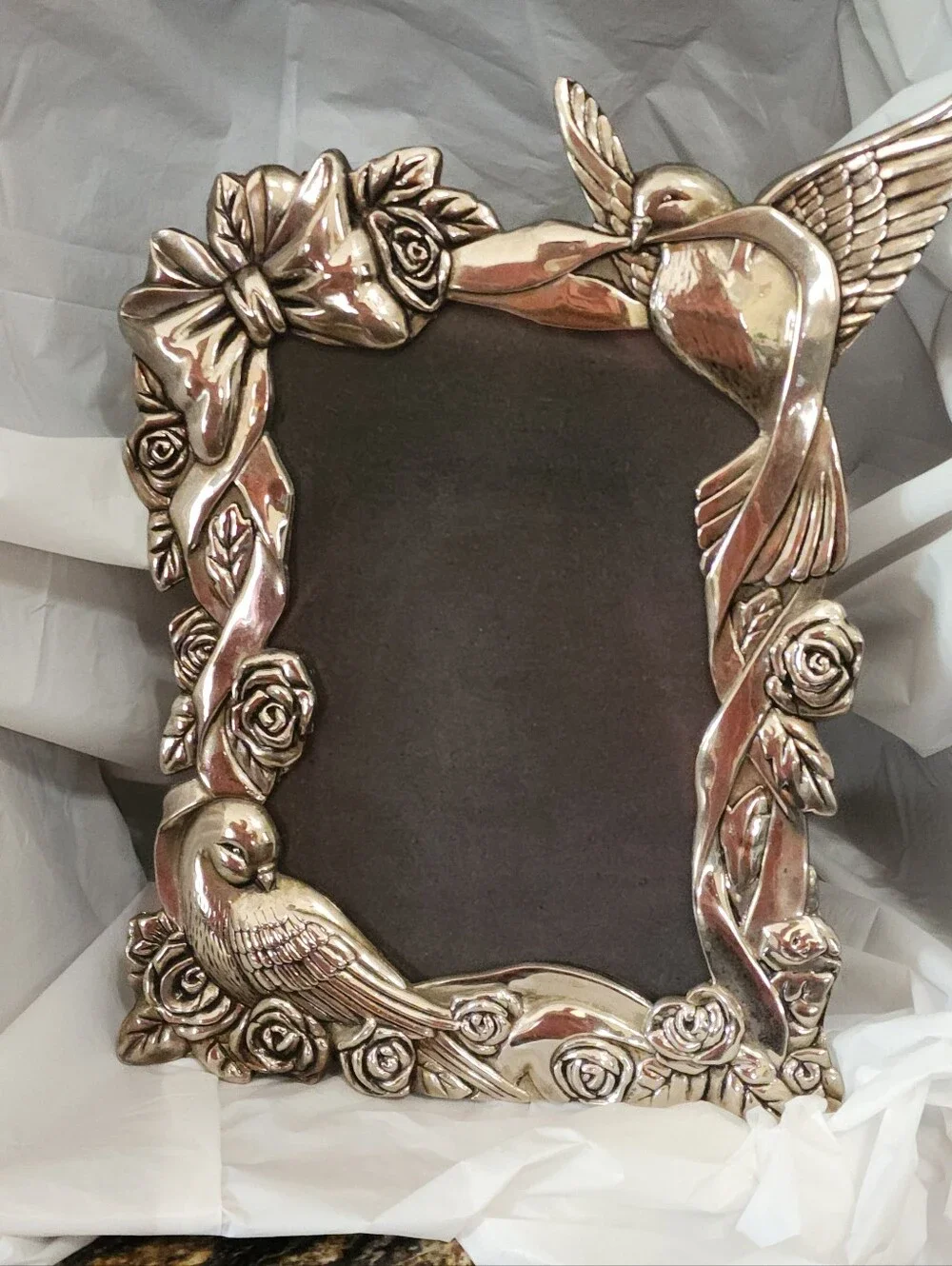 Vtg Internatl Silver Co. - Metal Bird/Rose Picture Frame - insert: 4 1/2 x 6 1/2